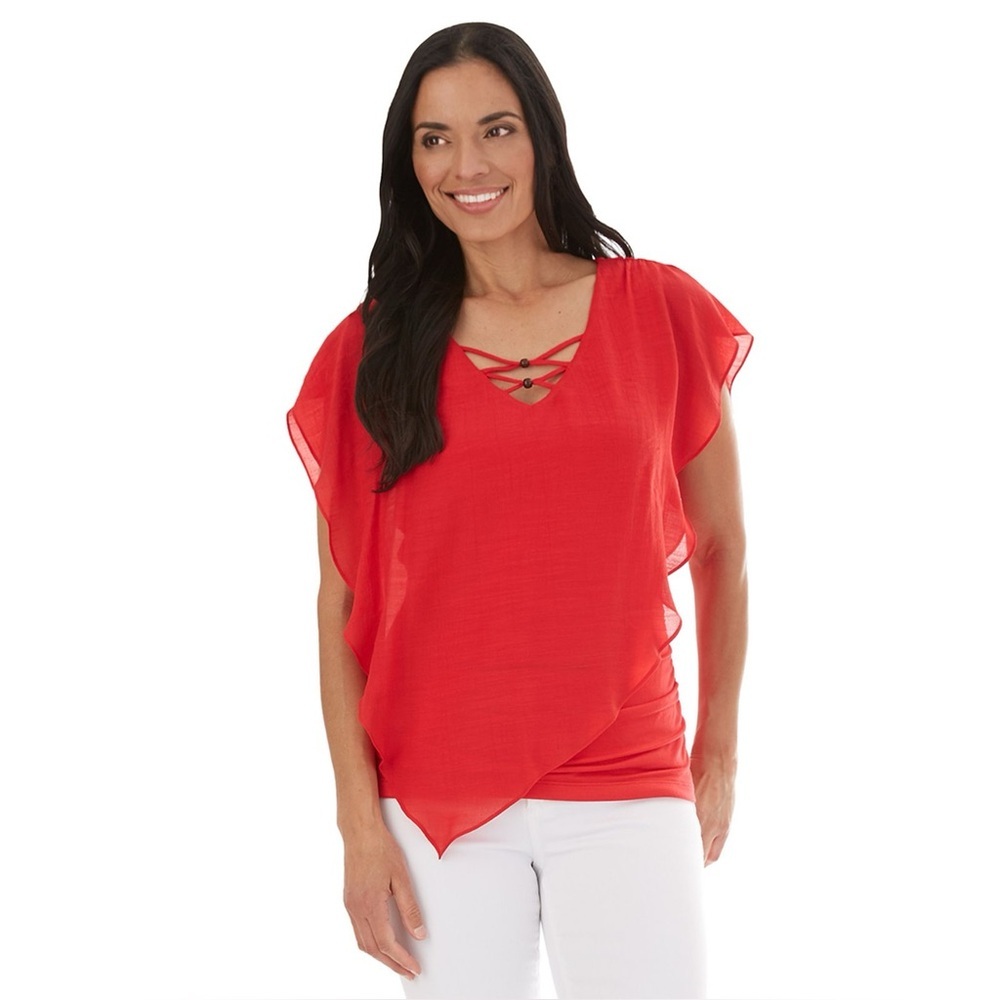 Apt. 9 Red Gauzy-Texture Split-Shoulder Top